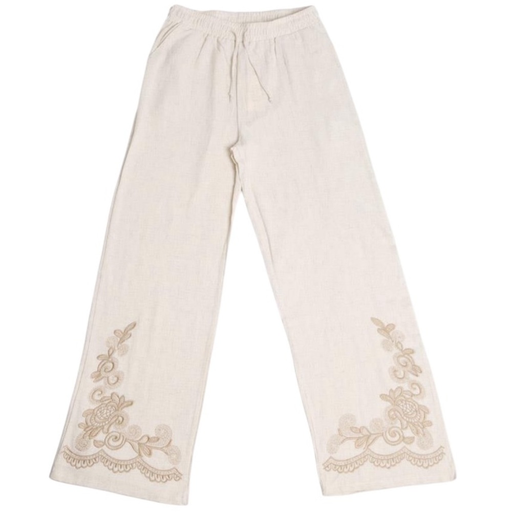NWT Elegant Cream Wide Leg Linen/Cotton Embroidered Pants M/L